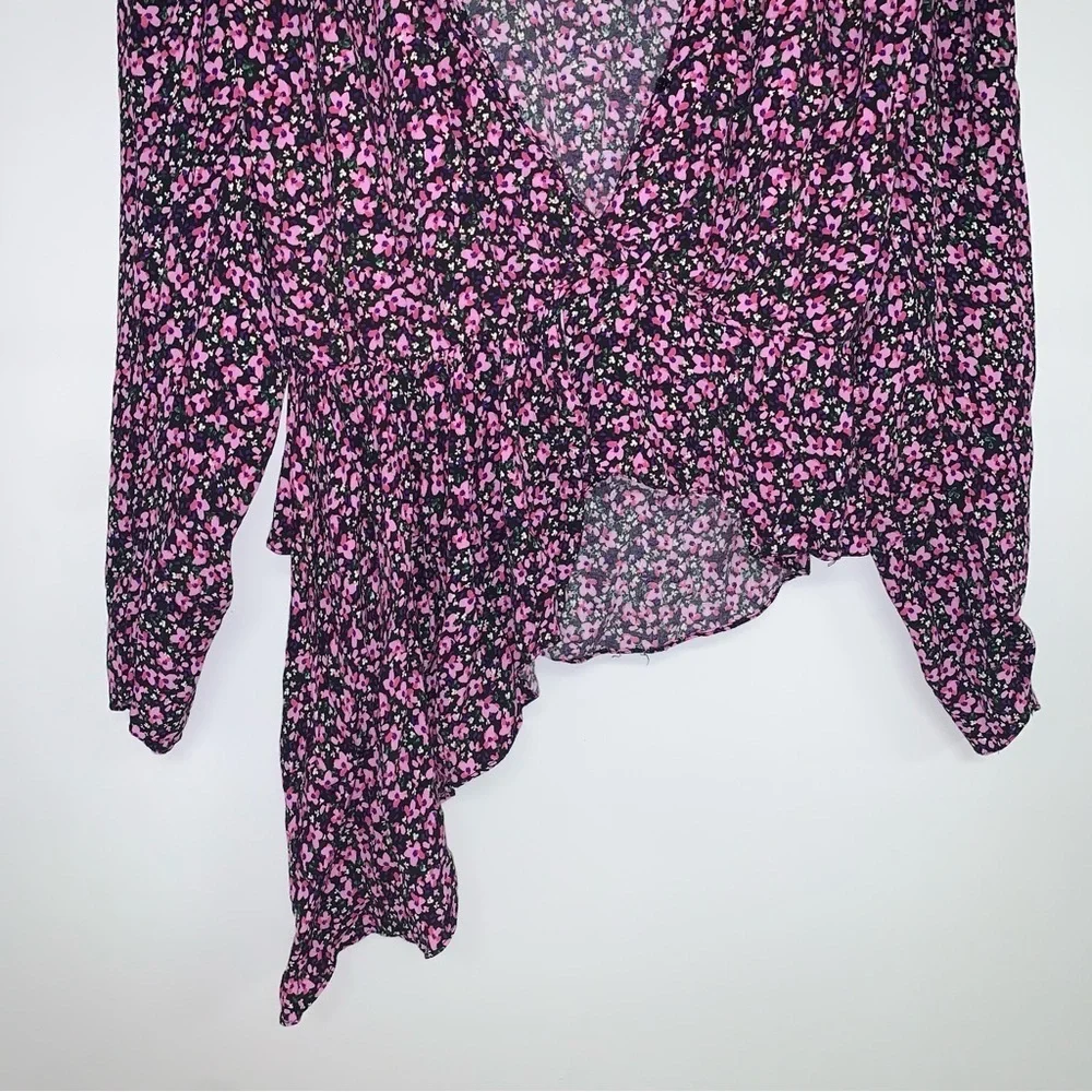 Zara Floral Blouse Women’s Medium Black‎ Pink Purple Ruffle Asymmetrical - Picture 5 of 11